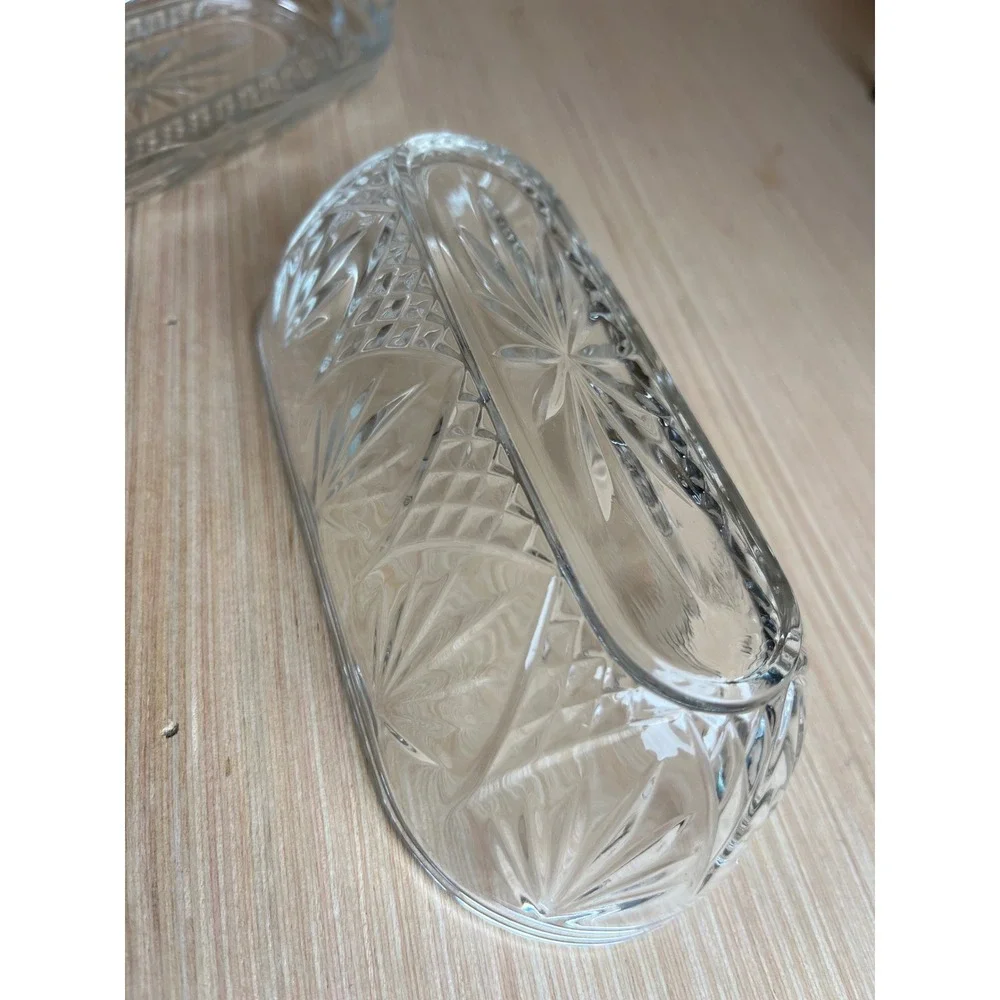 Vintage Clear Pressed Glass Butter Dish w/Lid Starburst Diamond Pattern USA MCM